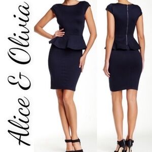 ALICE + OLIVIA Victoria Peplum Dress in Blue Cheetah, Size 6